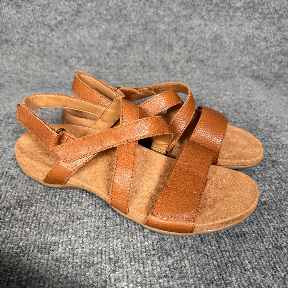 Vionic Size 8 Slingback Sandals Tan Adjustable Leather Strappy Open Toe Vacation